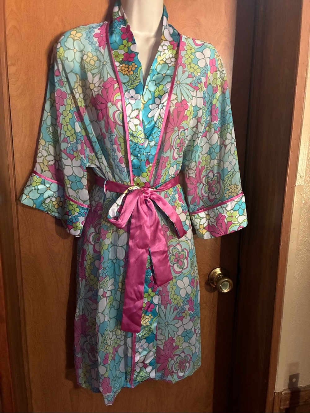 delicates Floral Satin Kimono Robe in Pink & Aqua